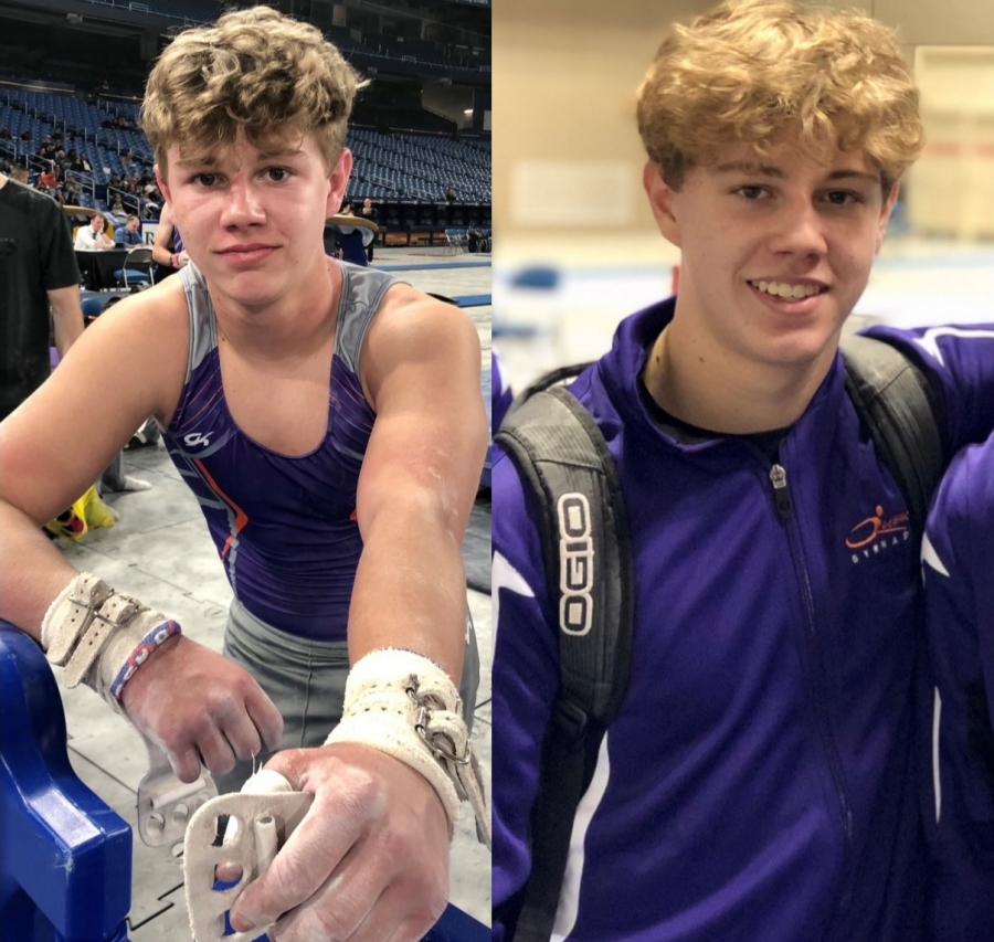 two images of a male gymnast